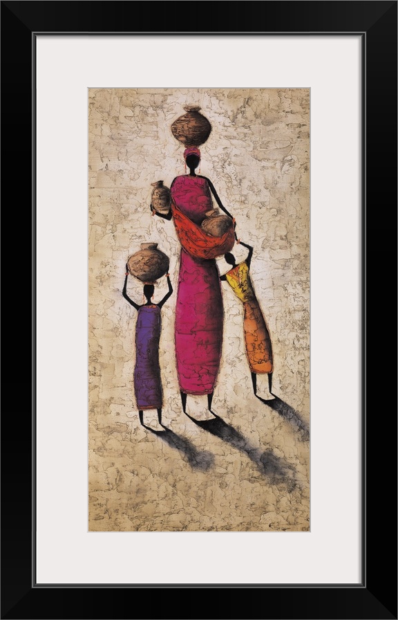 Contemporary painting of a family in bright clothing standing together.