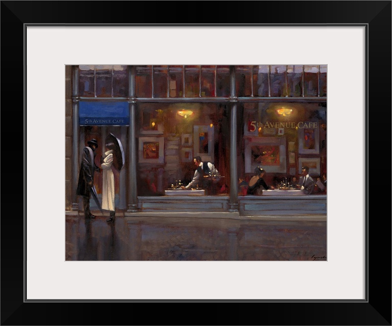 Contemporary painting of a couple standing outside a restaurant door on a rainy evening.