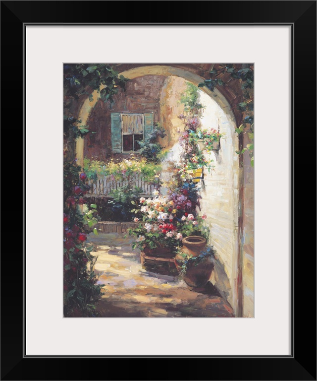 Painting of an archway with potted flowers.