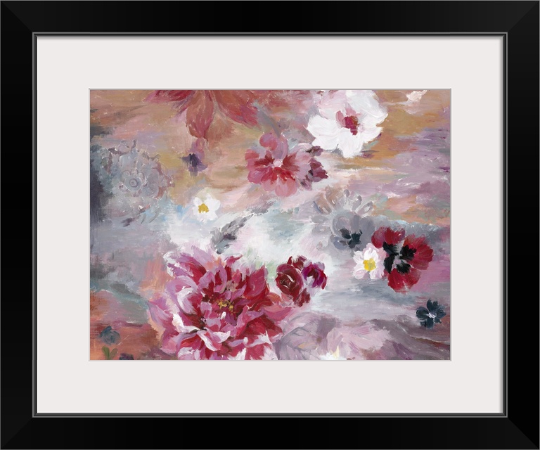 Contemporary artwork of vibrant red and soft pink flowers against a red and pale blue background.