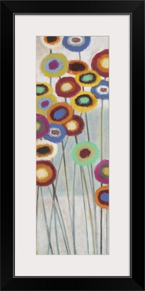 Contemporary abstract painting of colorful flowers on long stems.