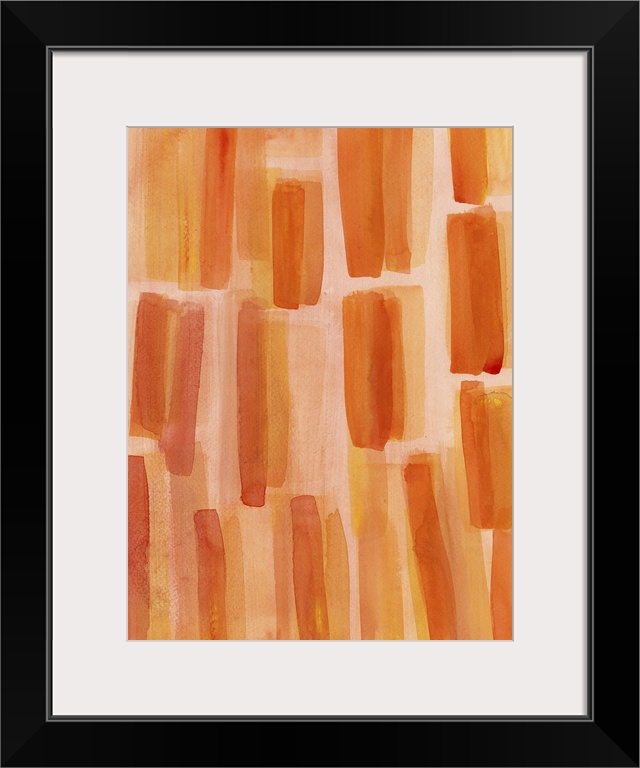 Contemporary abstract painting of vertical orange strokes of paint against a lighter orange background.