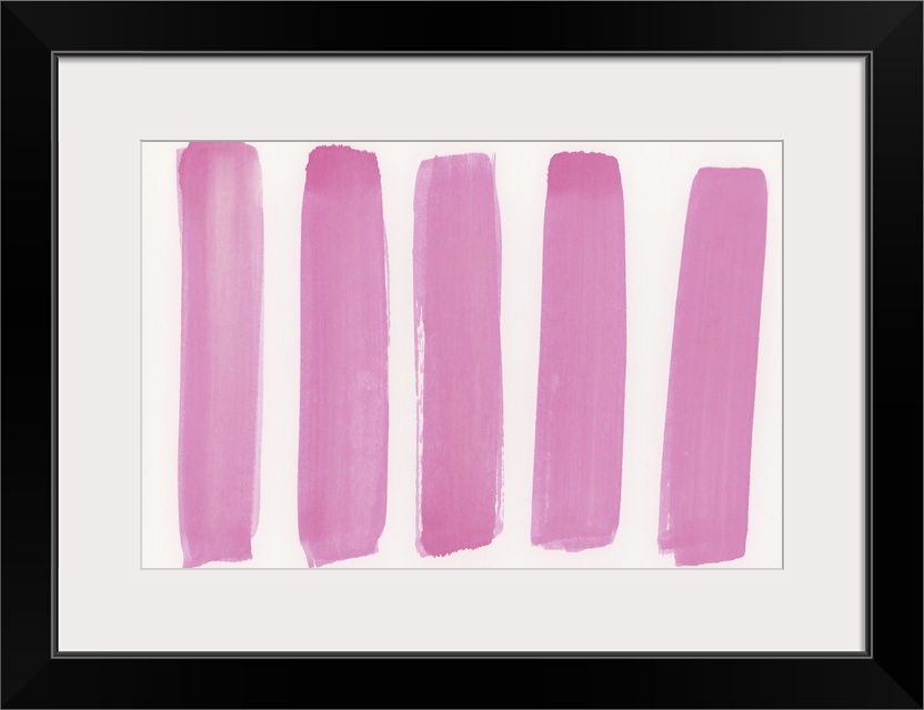 Contemporary abstract painting of long bright pink vertical strokes against a white background.