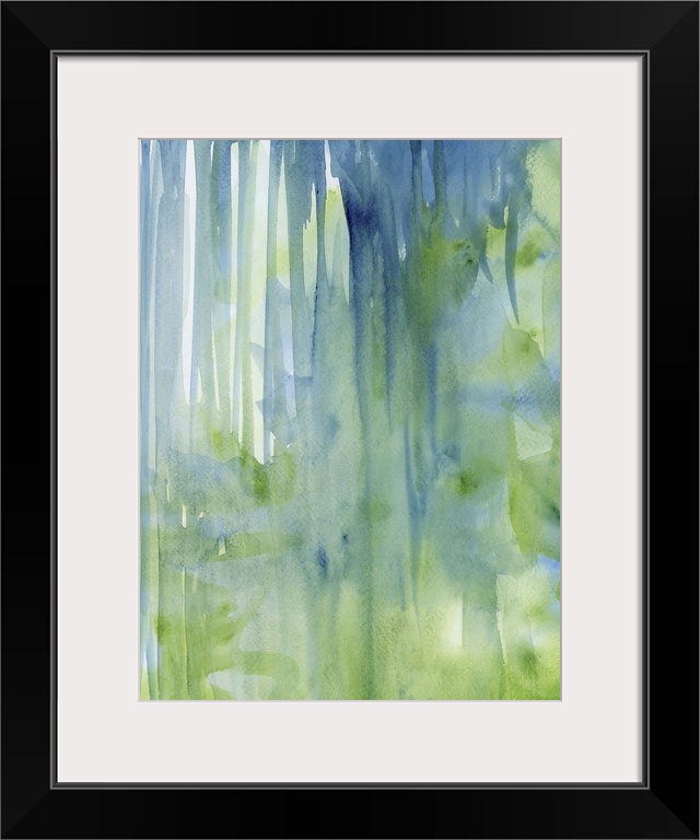 Contemporary abstract painting using green and blue watercolor drips.