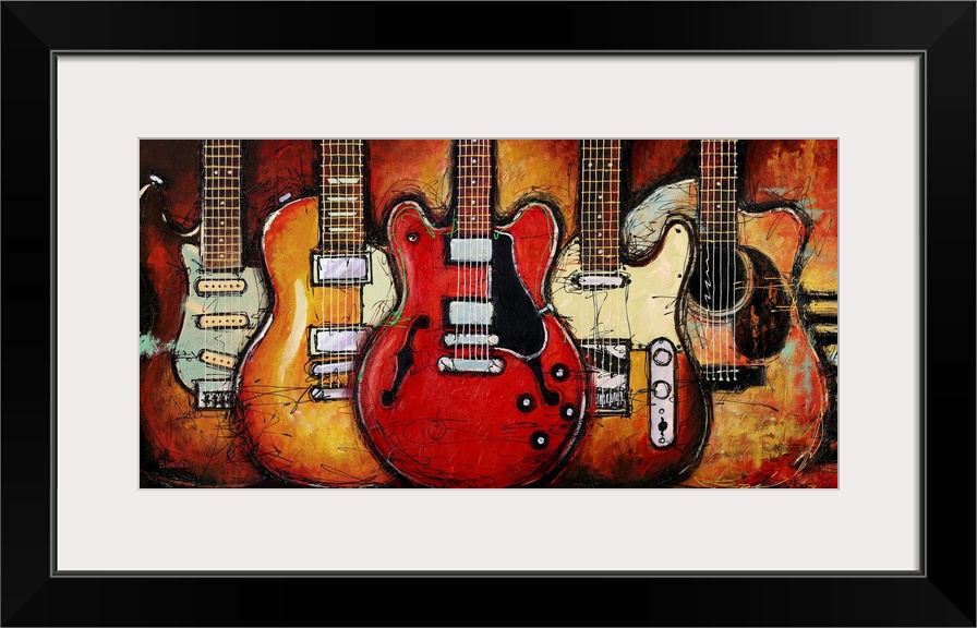 Contemporary painting of a guitar with piano keys in the background.