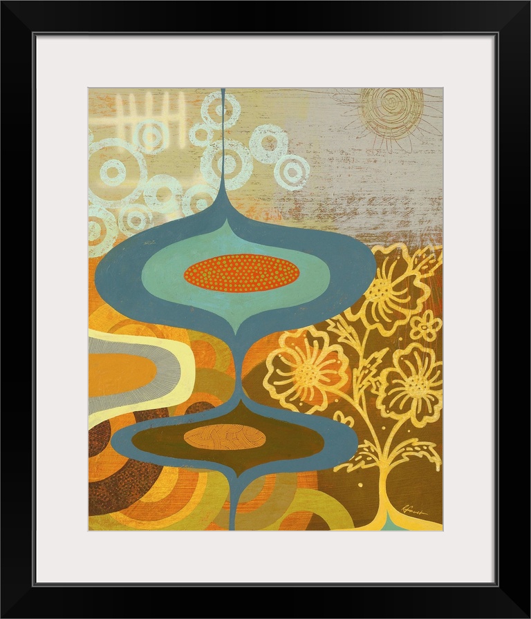 Contemporary painting with a retro feel of colorful shapes and designs.