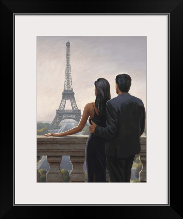 Contemporary painting of a man and woman in fancy dress on a balcony with the Eiffel Tower in the distance.