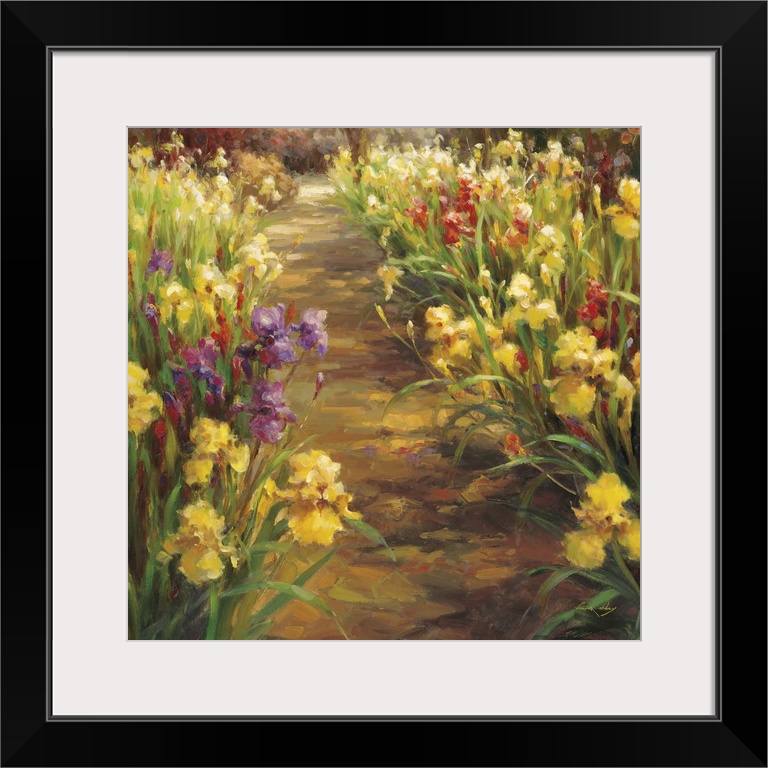 Contemporary painting of a pathway in a garden surrounded by colorful irises.