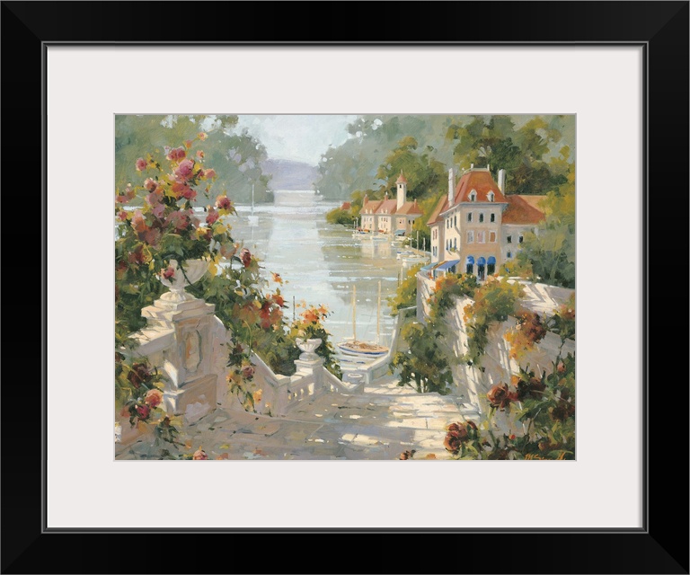 Contemporary painting of an old Italian village, with stone steps leading to its harbor.