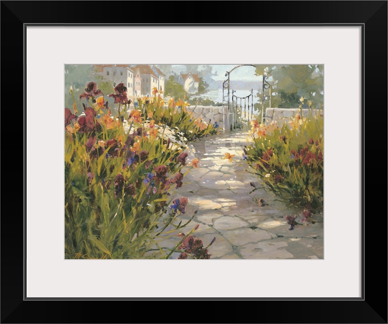 Contemporary painting of an old Italian village garden, with stone path leading to garden entrance.