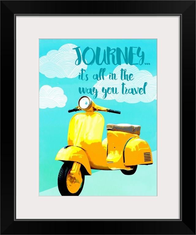 "Journey... it's all in the way you travel" written on top of illustrated clouds with a bright yellow moped underneath.