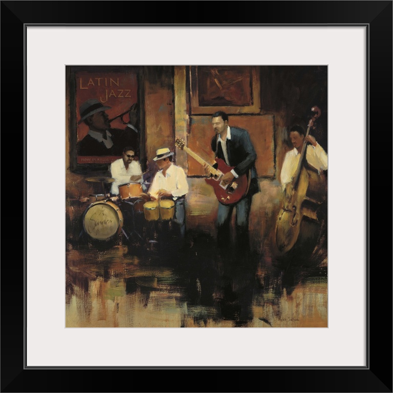 Contemporary painting of a group of jazz musicians playing the bongos, guitar, bass, and drums.