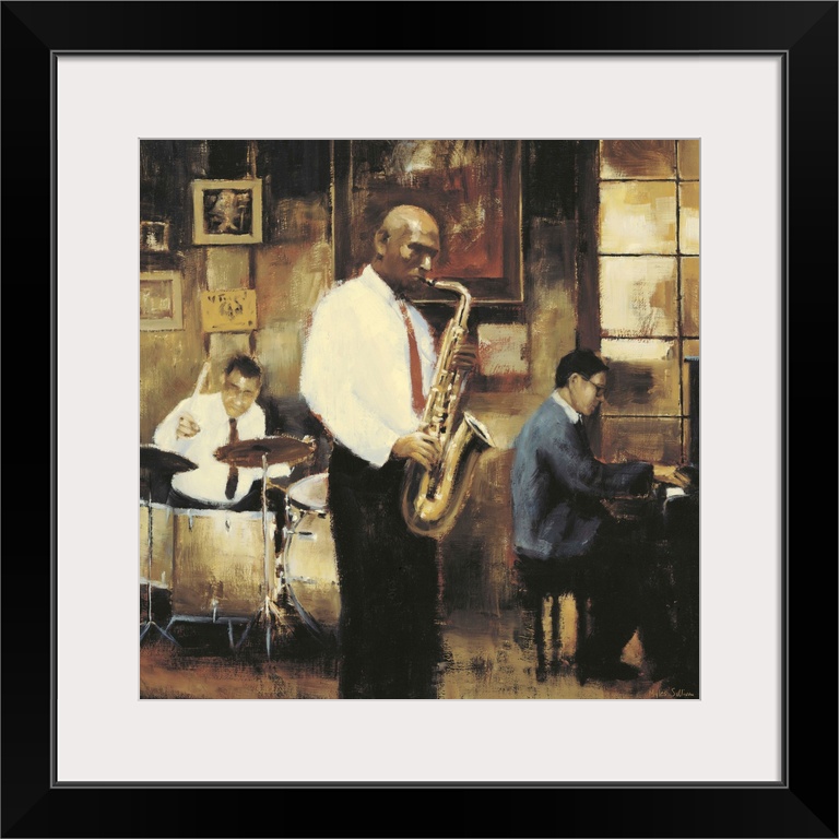 Contemporary painting of a group of jazz musicians, with focus on the saxophone player.