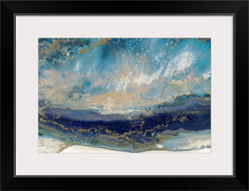 Contemporary abstract artwork in blue and gold, resembling a seascape.