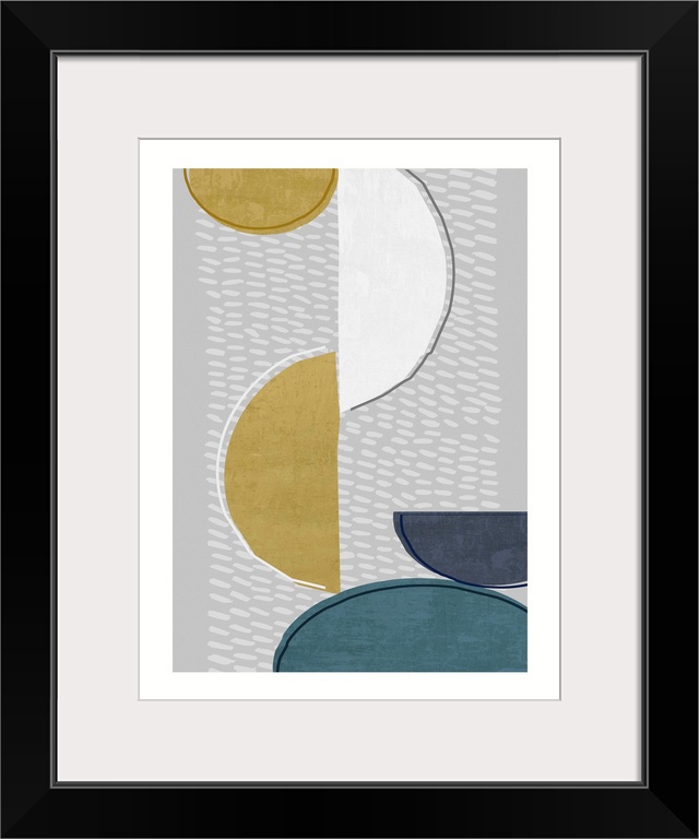 Midcentury style abstract art of semi-circle shapes in blue, gold, and white on grey.