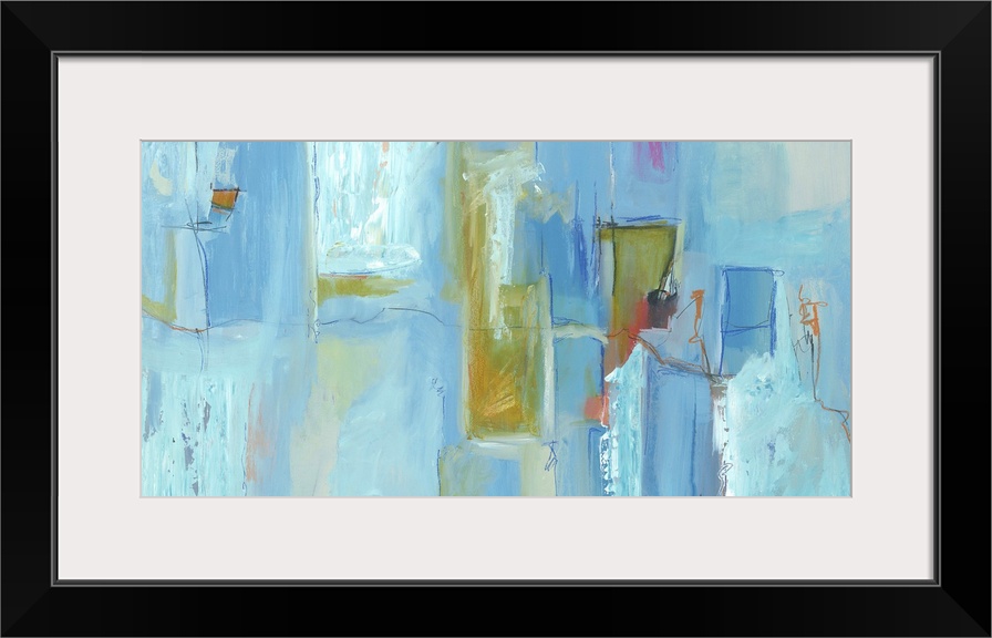 Contemporary abstract painting using tones of blue in vertical strokes.