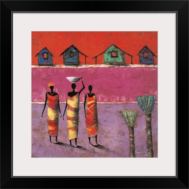 Contemporary painting of three figures standing in front of colorful houses in the background.