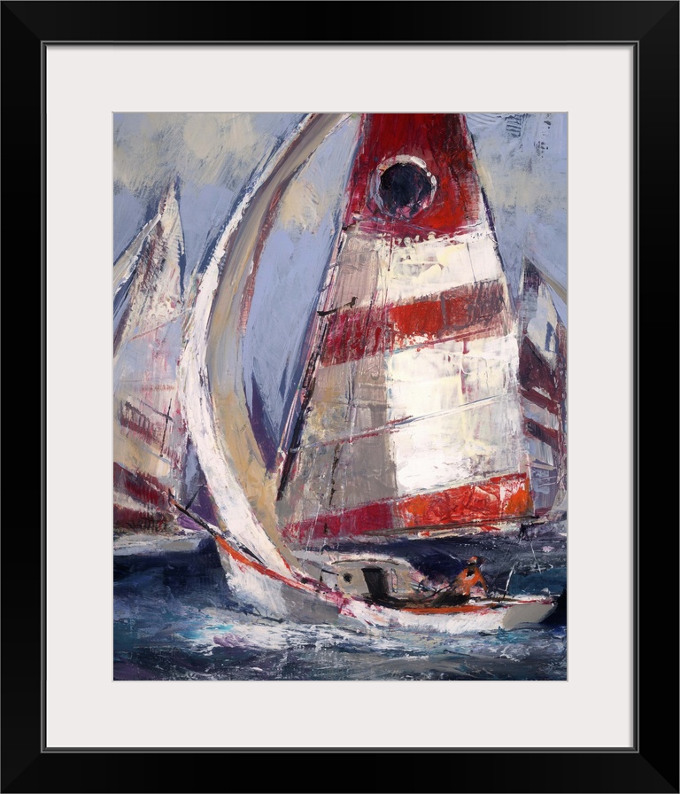 Contemporary painting of sailboats with red white sails in a choppy ocean.
