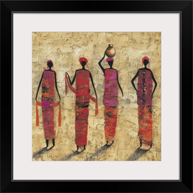 Contemporary painting of tribal female figures in colorful clothing