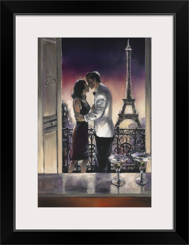 Contemporary painting of a man and woman sharing a kiss on a balcony with the Eiffel tower int he background.