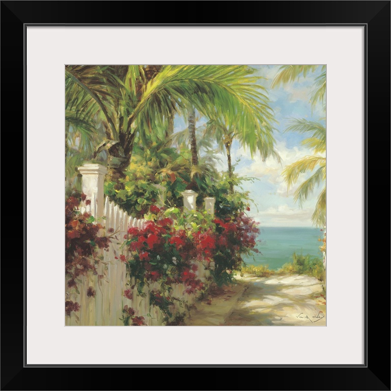 Contemporary painting of a sandy path to the ocean with white fences and palm trees.