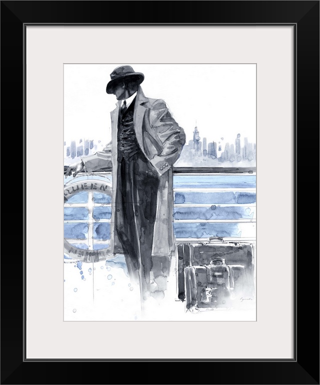 Contemporary painting of a man standing in front of a railing on a ship, looking out at a city skyline.