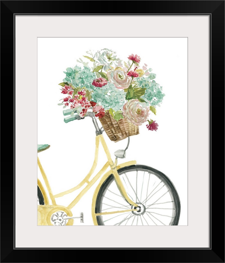 Illustration of a bicycle with a basket full of flowers.