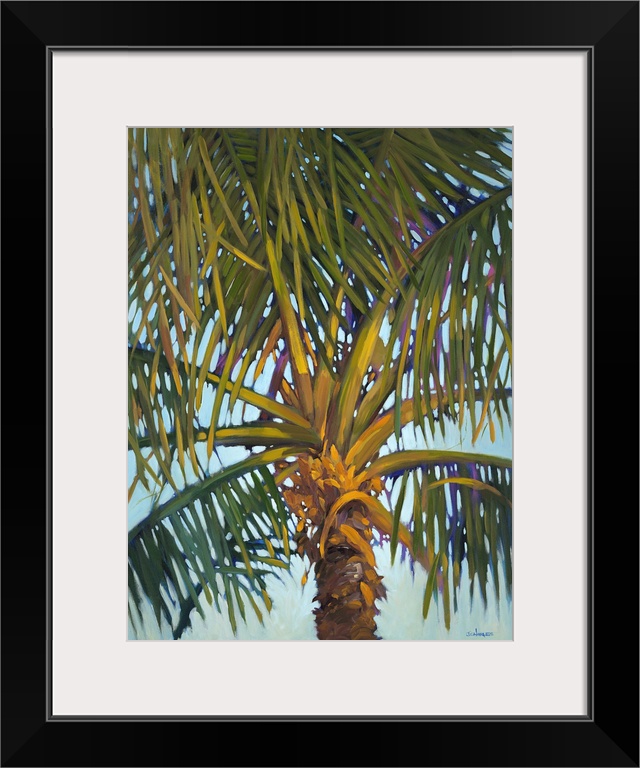 Contemporary colorful painting of a tropical palm tree.