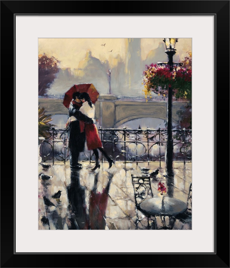 Painting of a couple in a loving embrace standing under an umbrella in the rain.