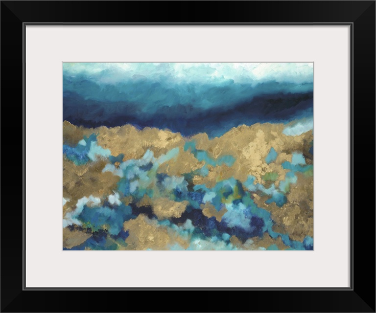 Contemporary abstract painting using gold and various tone of blue green.