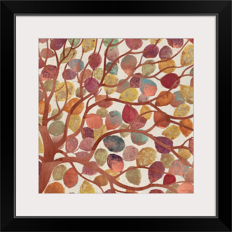 Contemporary home decor artwork of a tree with bronze colored foliage.