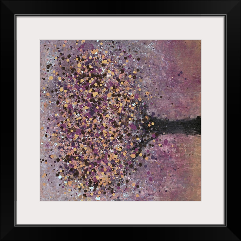 Contemporary painting of a lone tree with copper and purple leaves.