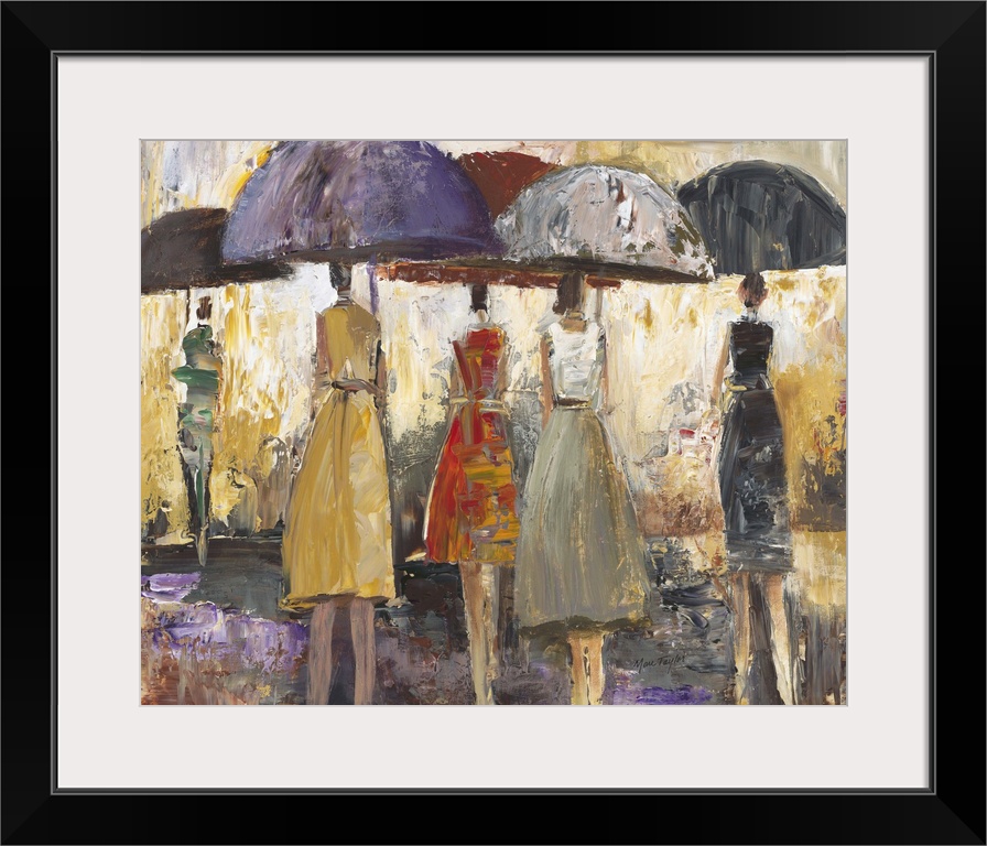 Contemporary painting of people walking with umbrellas through rain.