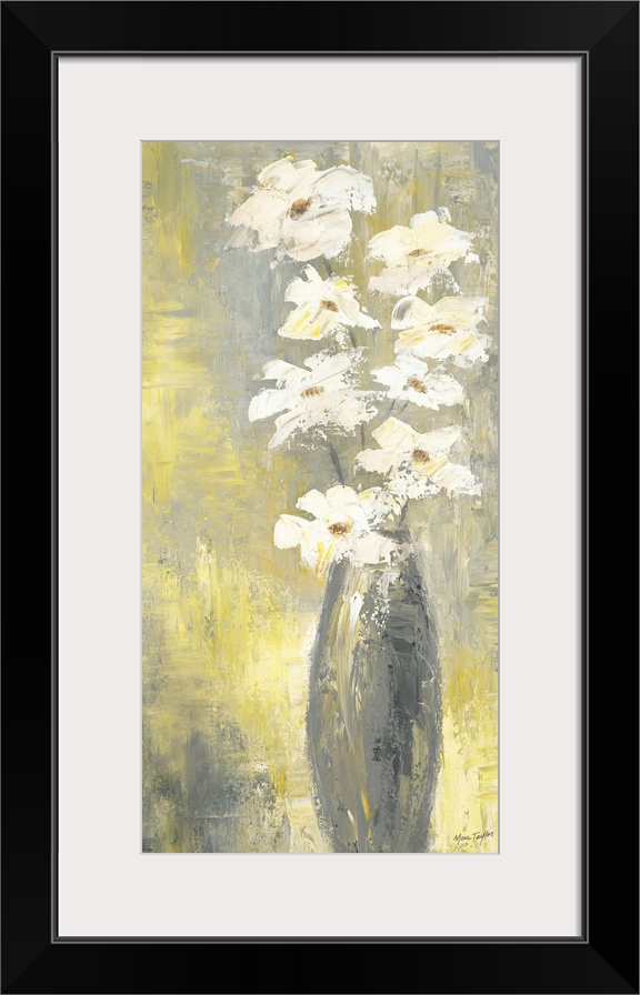 Contemporary still life painting of white flowers in a thin vase.