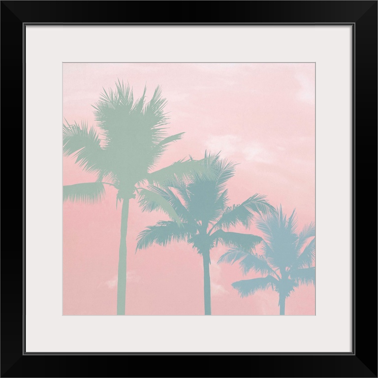 Three palm trees in green and blue tones on a light pink background with white clouds.