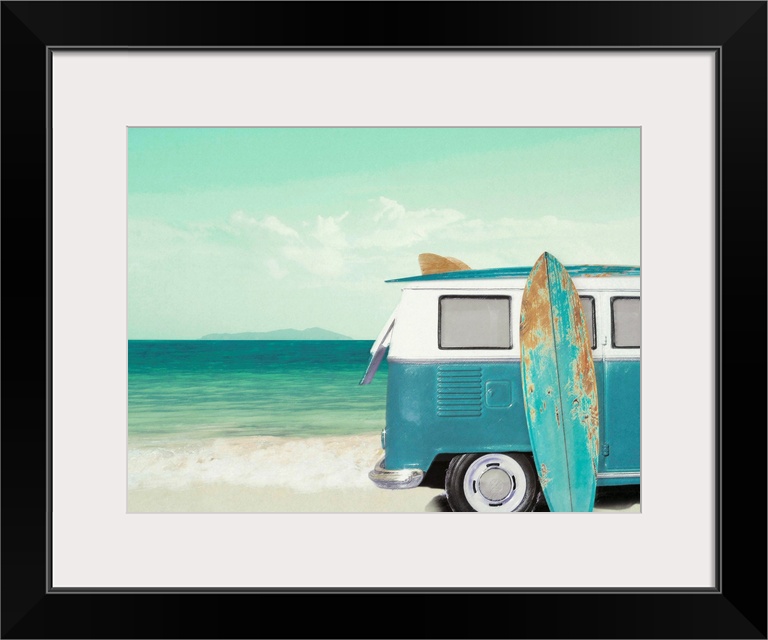 Beach themed decor with an illustration of a white and blue vintage VW van with a surf board leaning up against it on the ...