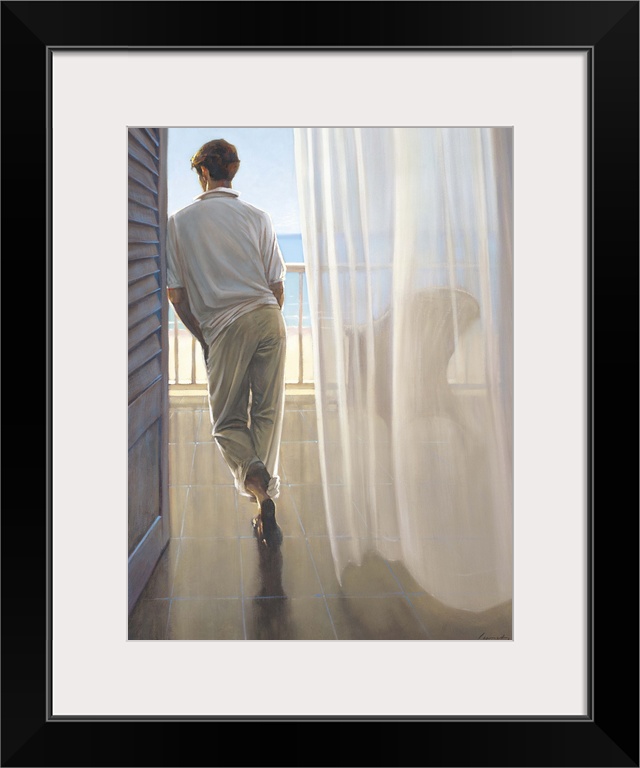 Contemporary painting of man standing on a terrace overlooking a beach.