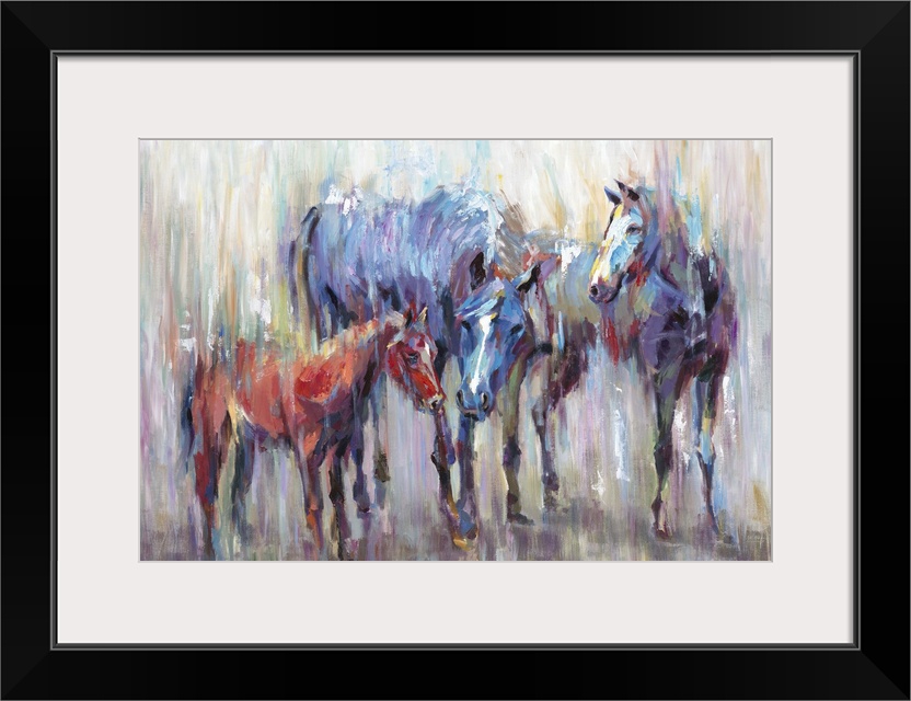 Home decor artwork of two adult multi-colored horses with a small brown one.