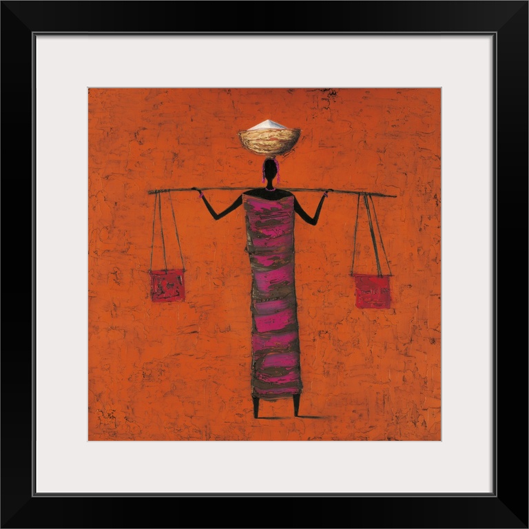 Contemporary painting of tribal figure carrying food and supplies.