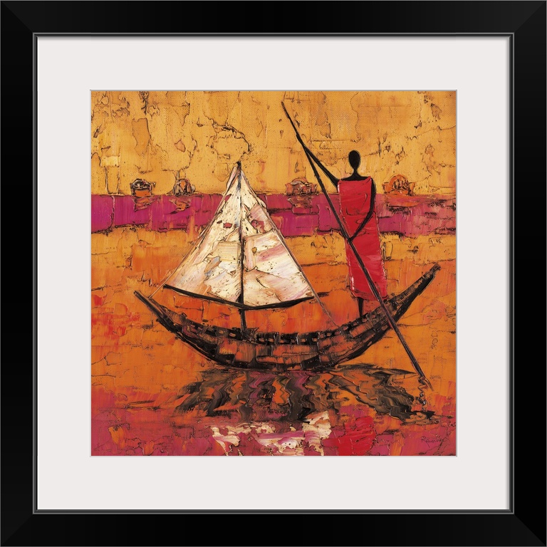 Contemporary painting of a tribal figure standing on a boat casting a reflection in the water.