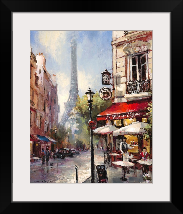 Contemporary painting of a view of the city streets of Paris, with the Eiffel Tower in the background.