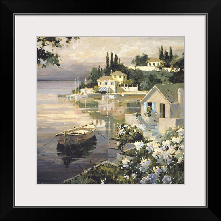 Contemporary painting of a small village harbor, with a white rowboat anchored near the shore.