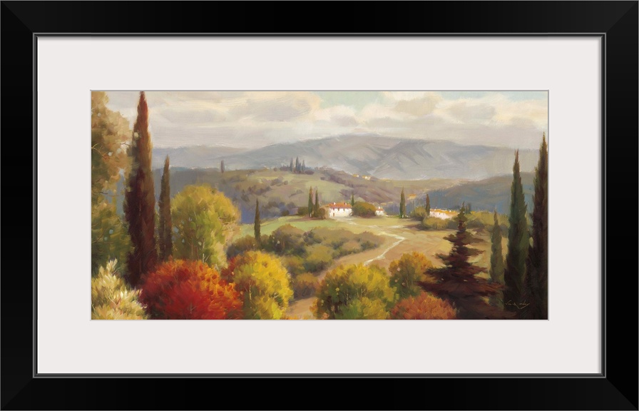 Contemporary painting of a wide view of the Tuscan country side with rolling hills and a villa.