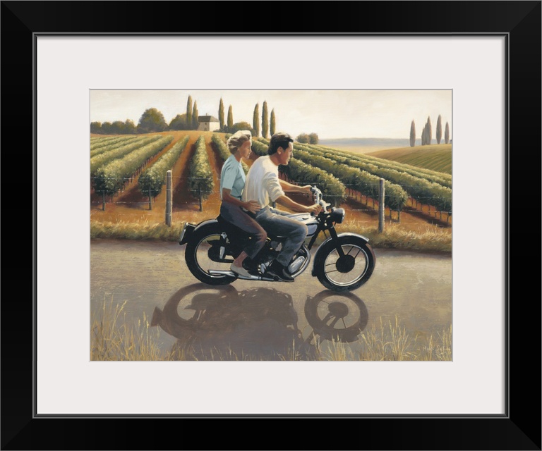 Contemporary painting of a man and woman on a motorcycle riding through Tuscany.