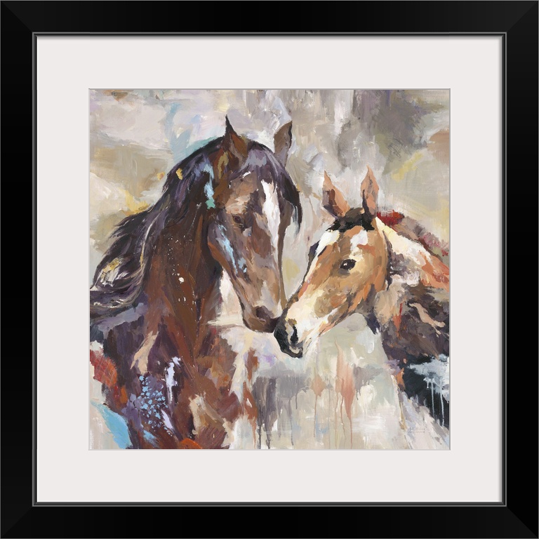 Home decor artwork of two horses nuzzling.