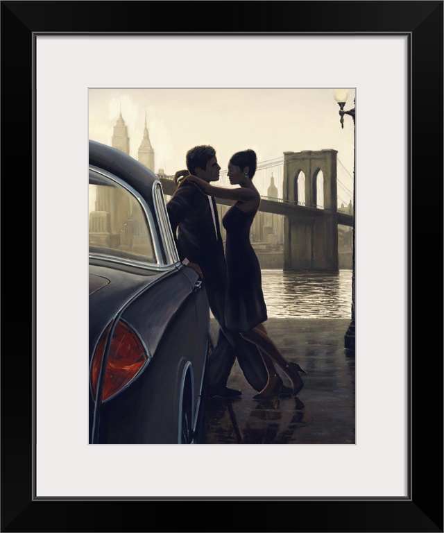 Contemporary figurative painting of a man and woman having an intimate moment with the Brooklyn Bridge in the background.