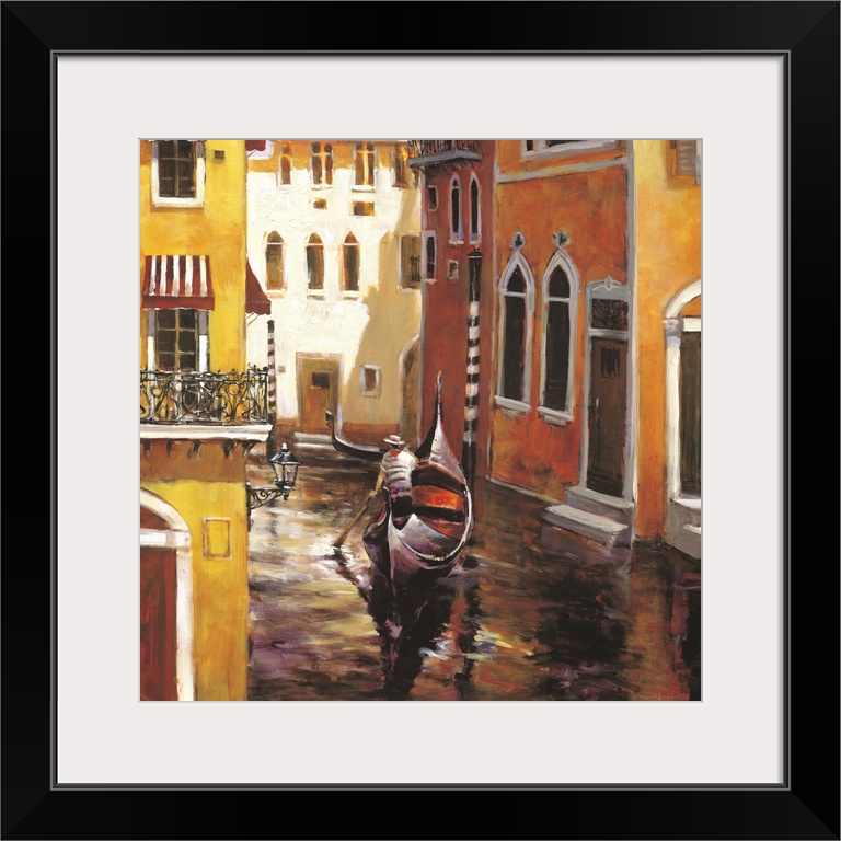 Contemporary painting of a gondolier moving gently through the narrow canals of Venice.