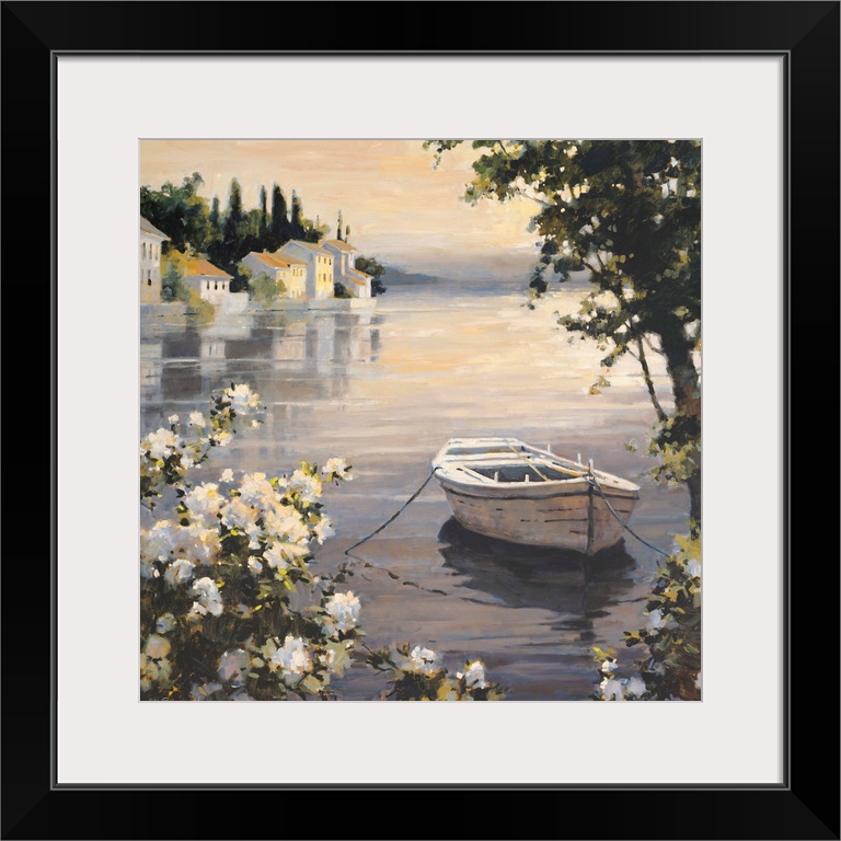 Contemporary painting of a small village harbor, with a white rowboat anchored near the shore.