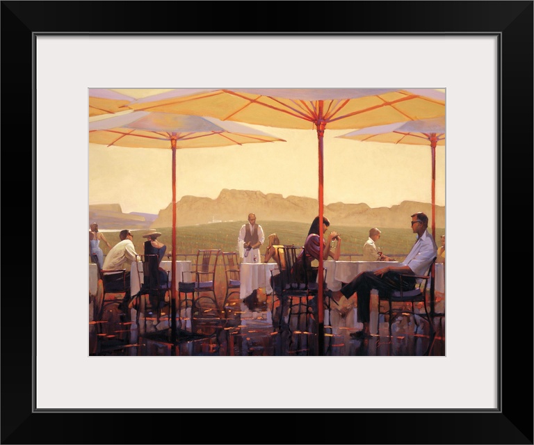 Contemporary painting of people sitting at table on terrace overlooking vineyards.