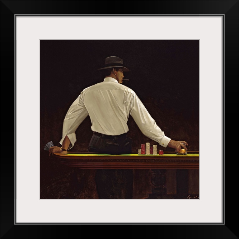 Contemporary painting of man sitting on the edge of a casino table, holding playing cards in one hand and moving chips wit...